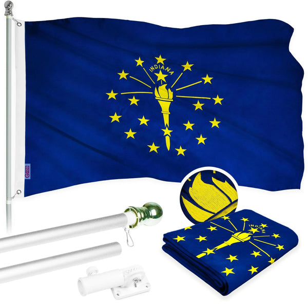 G128 Combo Pack: 5 Ft Tangle Free Aluminum Spinning Flagpole (Silver) & Indiana IN State Flag 2.5x4 Ft, ToughWeave Series Embroidered 300D Polyester | Pole with Flag Included G128