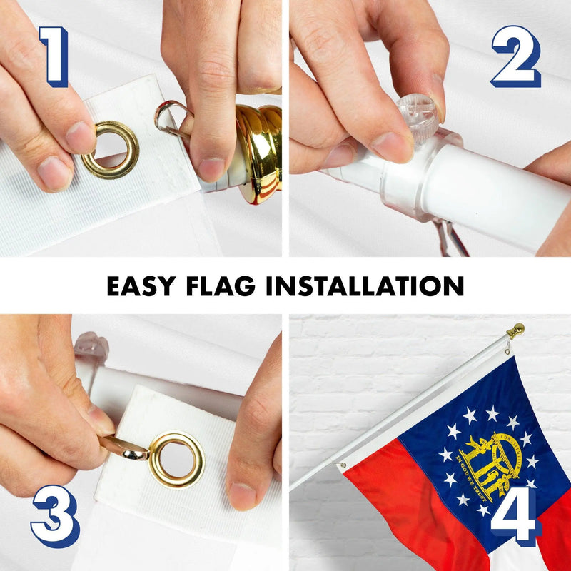 G128 Combo Pack: 5 Ft Tangle Free Aluminum Spinning Flagpole (White) & Georgia GA State Flag 2.5x4 Ft, ToughWeave Series Embroidered 300D Polyester | Pole with Flag Included G128
