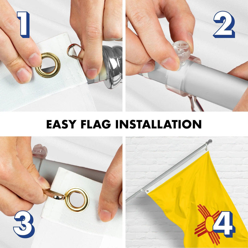 G128 Combo Pack: 5 Ft Tangle Free Spinning Flagpole (Silver) & New Mexico Flag 2.5x4 Ft Embroidered 220GSM Spun Polyester, Brass Grommets (Flag Included) Aluminum Flag Pole G128