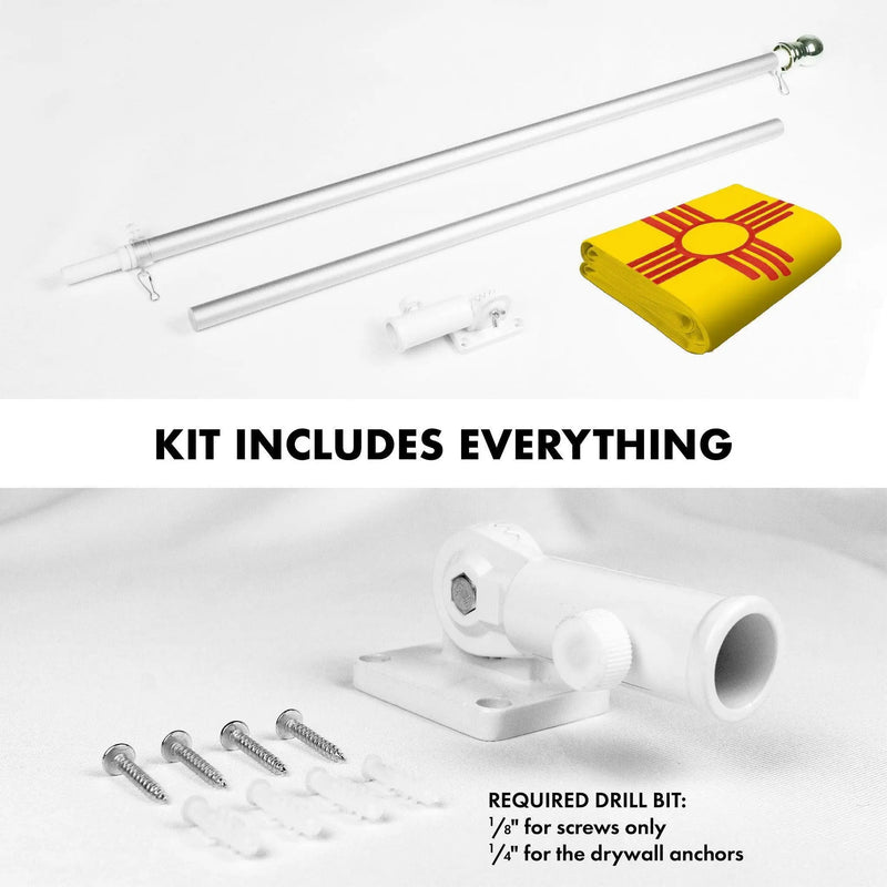 G128 Combo Pack: 5 Ft Tangle Free Spinning Flagpole (Silver) & New Mexico Flag 2.5x4 Ft Embroidered 220GSM Spun Polyester, Brass Grommets (Flag Included) Aluminum Flag Pole G128