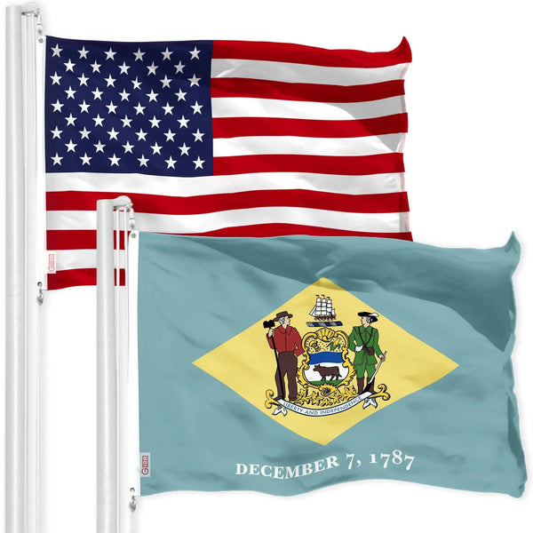 G128 Combo Pack: American USA Flag 3x5 Ft & Delaware Flag 3x5 Ft, Both Printed 150D Polyester, Indoor/Outdoor, Brass Grommets G128