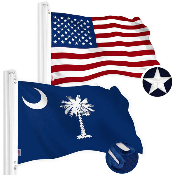 G128 Combo Pack: American USA Flag 4x6 Ft & South Carolina Flag 4x6 Ft, Both Embroidered SPUN Polyester, Indoor/Outdoor, Brass Grommets G128