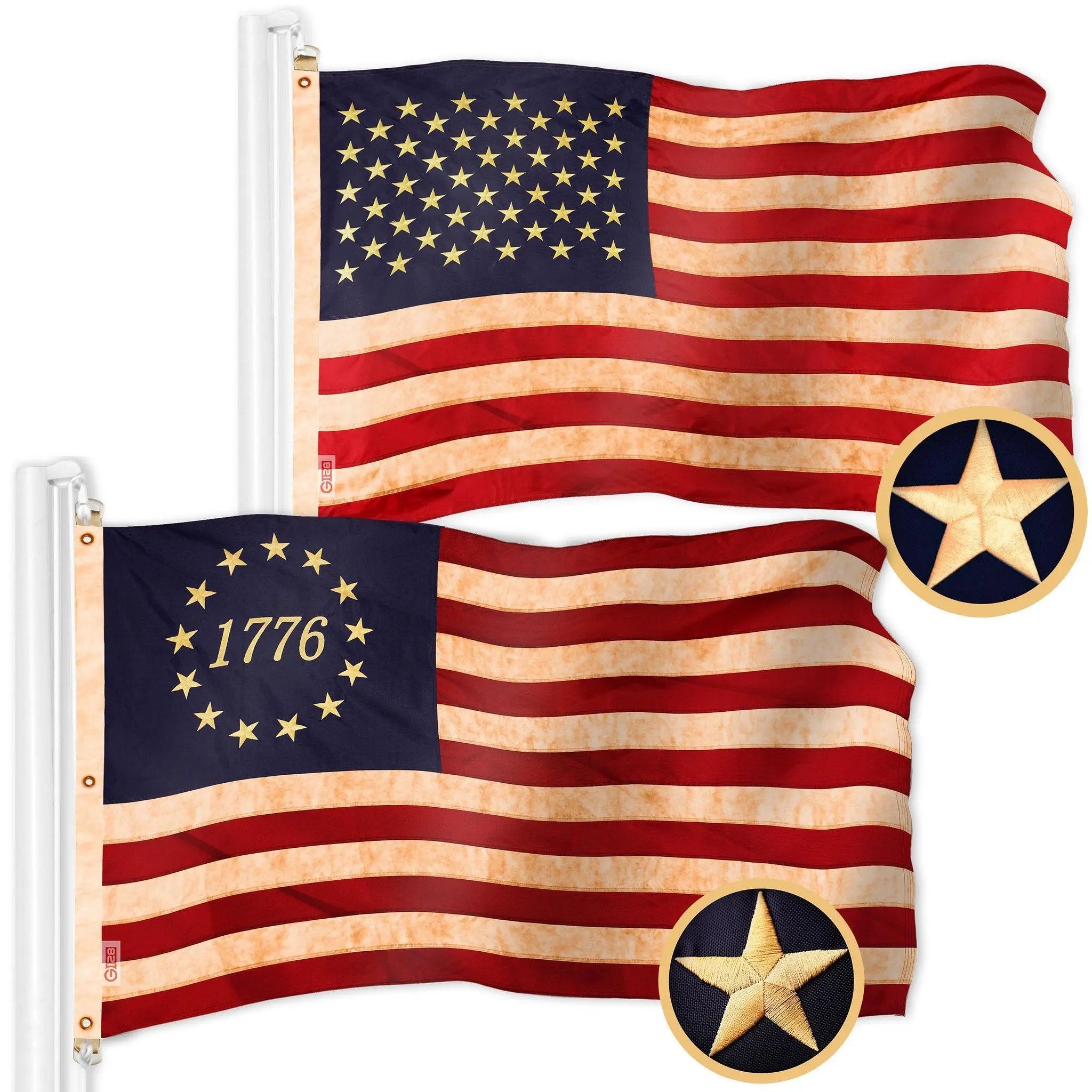 G128 Combo Pack: American USA Tea-Stained Flag 6x10 Ft & 1776 Tea-Stained Flag 6x10 Ft | Both ToughWeave Pro Series Embroidered 420D Polyester, Embroidered Design, Indoor/Outdoor, Brass Grommets G128