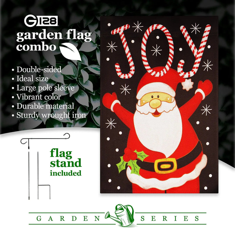 G128 Combo Pack: Garden Flag Stand Black 36 in x 16 in & Garden Flag Christmas Decoration Joyful Santa 12"x18" Double-Sided Blockout Fabric G128