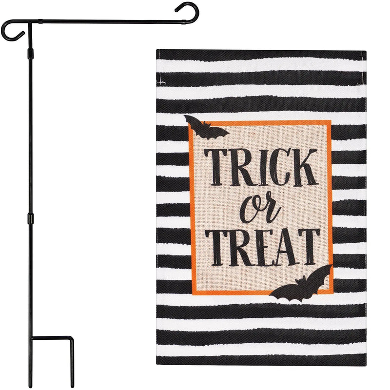G128 Combo Pack: Garden Flag Stand Black 36 in x 16 in & Garden Flag Halloween Decoration Trick or Treat Bats and Black and White Stripes 12"x18" Double-Sided Burlap Fabric G128