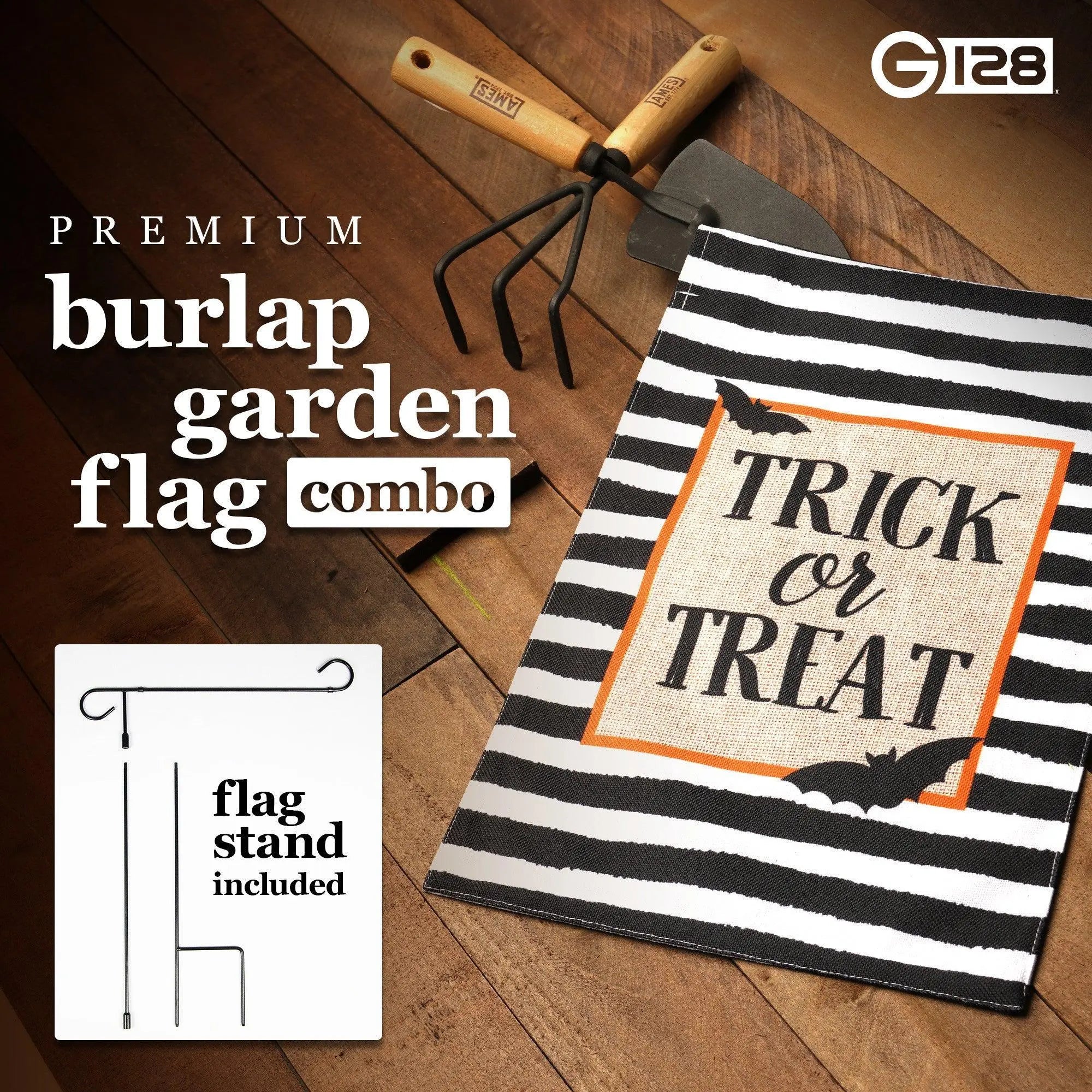 G128 Combo Pack: Garden Flag Stand Black 36 in x 16 in & Garden Flag Halloween Decoration Trick or Treat Bats and Black and White Stripes 12"x18" Double-Sided Burlap Fabric G128