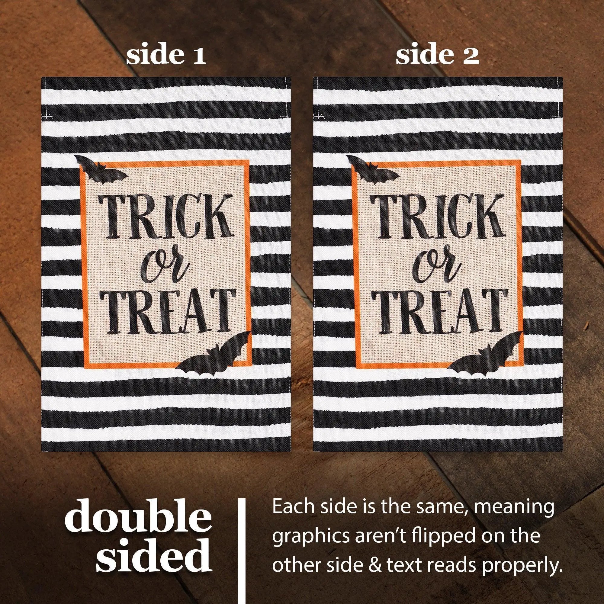 G128 Combo Pack: Garden Flag Stand Black 36 in x 16 in & Garden Flag Halloween Decoration Trick or Treat Bats and Black and White Stripes 12"x18" Double-Sided Burlap Fabric G128
