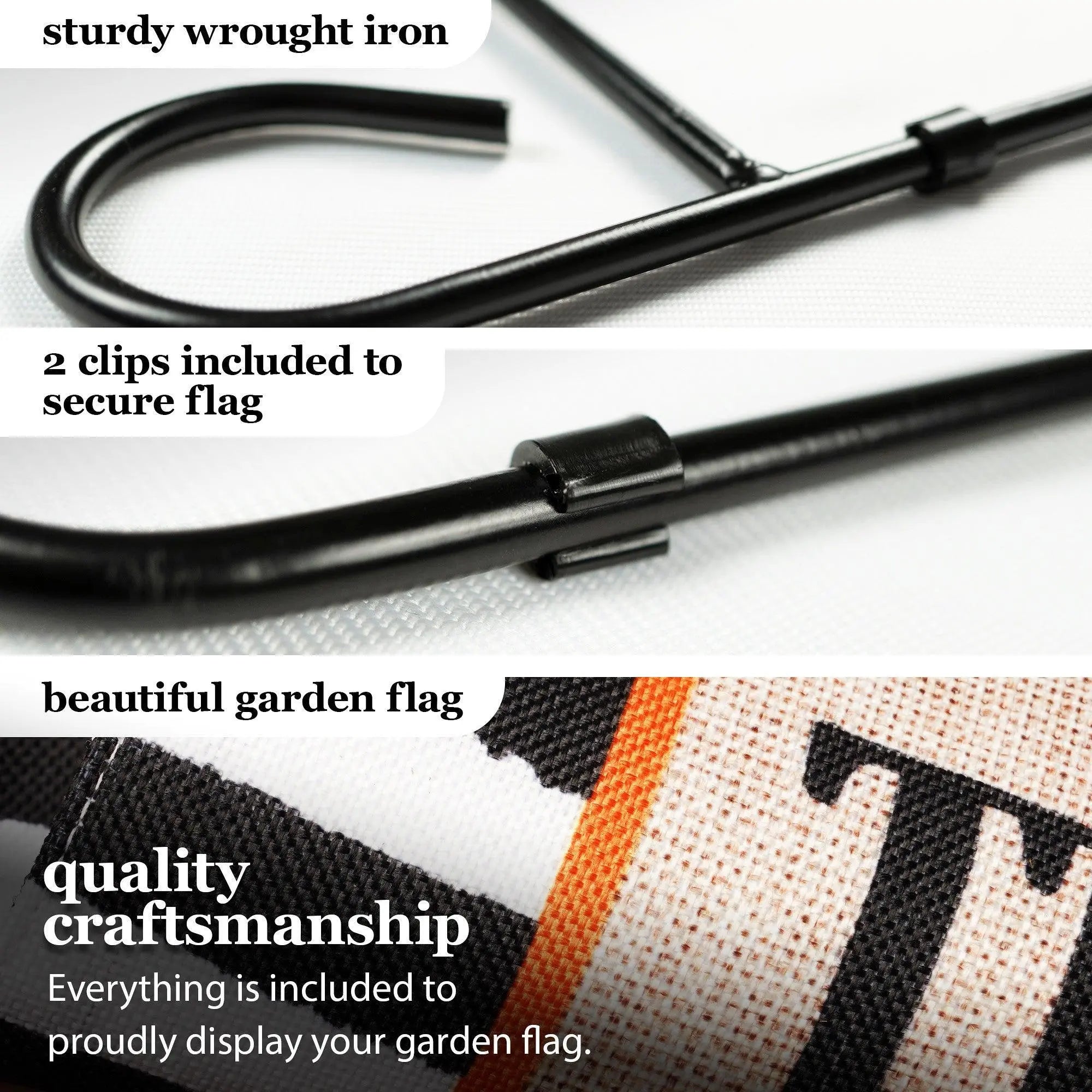 G128 Combo Pack: Garden Flag Stand Black 36 in x 16 in & Garden Flag Halloween Decoration Trick or Treat Bats and Black and White Stripes 12"x18" Double-Sided Burlap Fabric G128