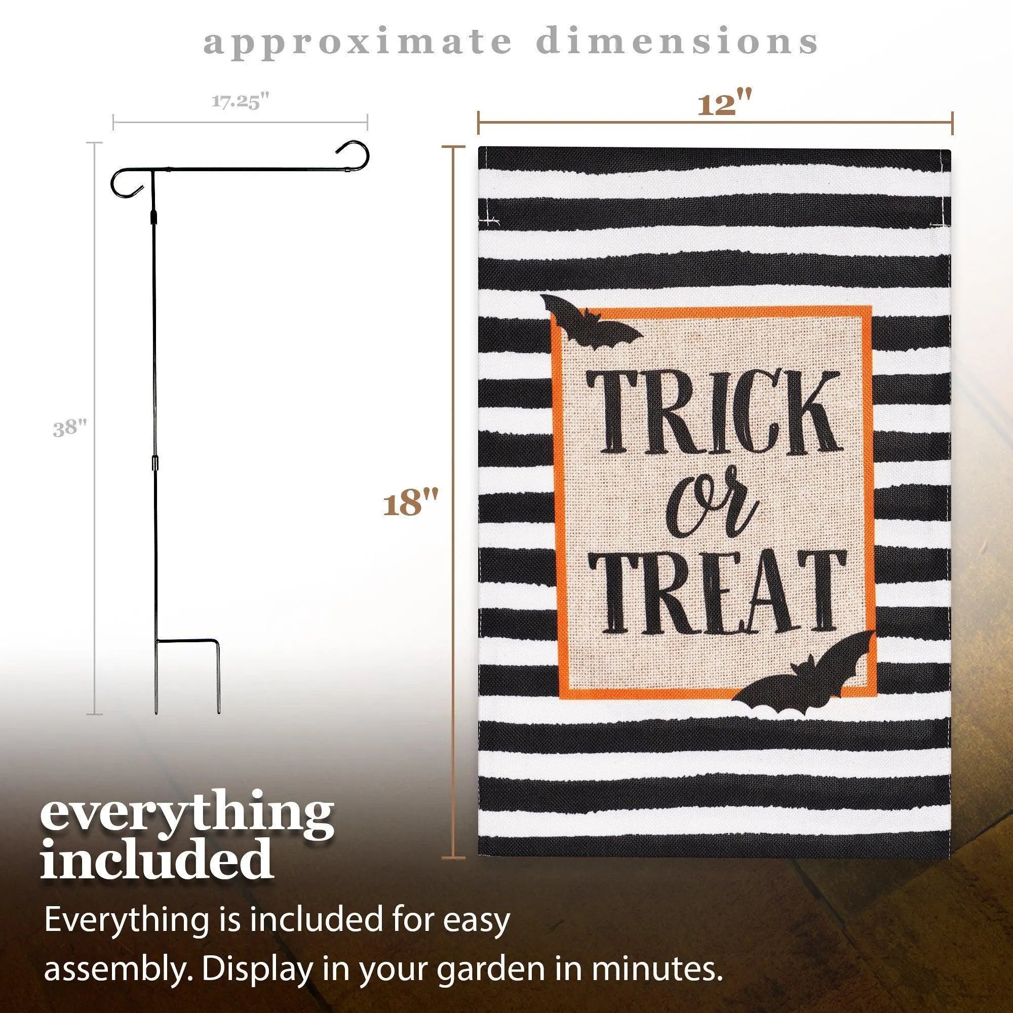 G128 Combo Pack: Garden Flag Stand Black 36 in x 16 in & Garden Flag Halloween Decoration Trick or Treat Bats and Black and White Stripes 12"x18" Double-Sided Burlap Fabric G128