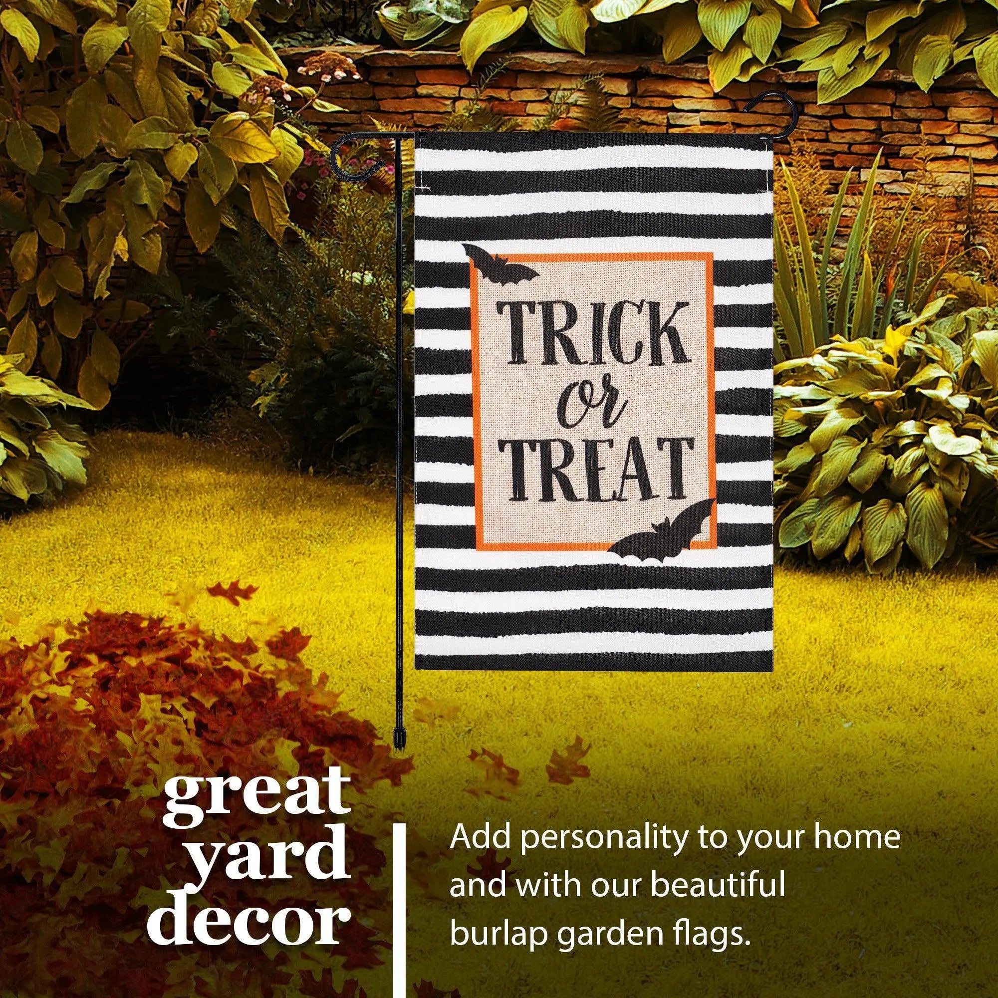 G128 Combo Pack: Garden Flag Stand Black 36 in x 16 in & Garden Flag Halloween Decoration Trick or Treat Bats and Black and White Stripes 12"x18" Double-Sided Burlap Fabric G128