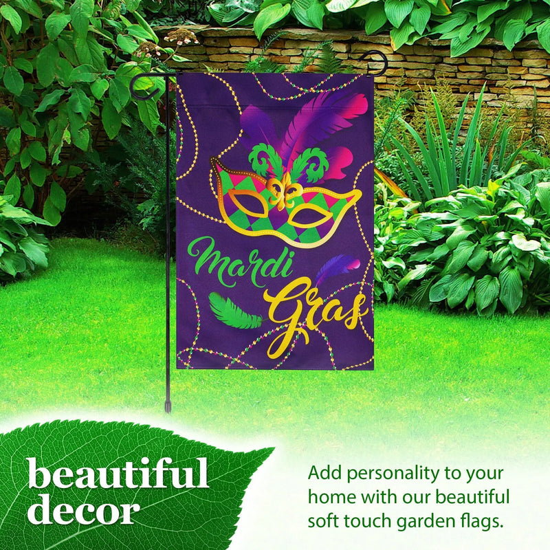 G128 Combo Pack: Garden Flag Stand Black 36 in x 16 in & Garden Flag Mardi Gras Decoration Masquerade Mask 12"x18" Double-Sided Blockout Fabric G128