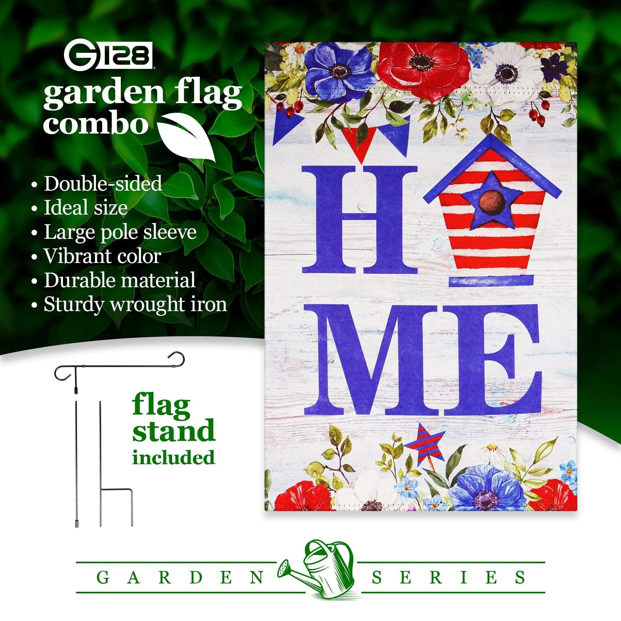 G128 Combo Pack: Garden Flag Stand Black 36 in x 16 in & Garden Flag Patriotic Decoration Home Birdhouse 12"x18" Double-Sided Blockout Fabric G128
