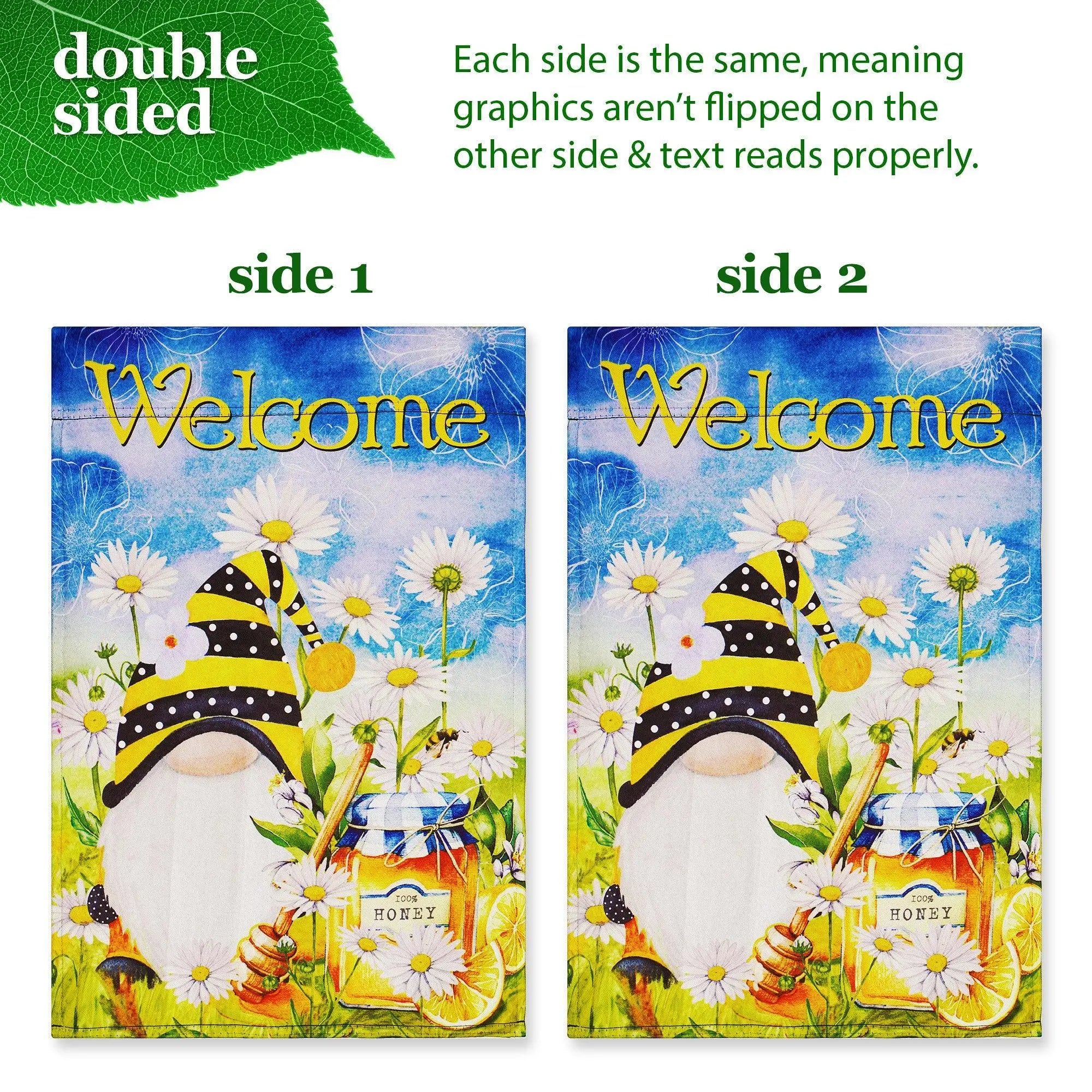 G128 Combo Pack: Garden Flag Stand Black 36 in x 16 in & Garden Flag Spring Decoration Welcome Bee Gnome with Honey 12"x18" Double-Sided Blockout Fabric G128