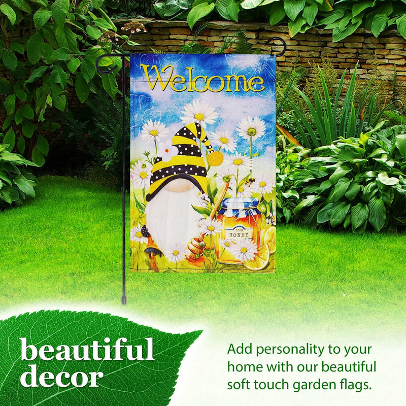 G128 Combo Pack: Garden Flag Stand Black 36 in x 16 in & Garden Flag Spring Decoration Welcome Bee Gnome with Honey 12"x18" Double-Sided Blockout Fabric G128