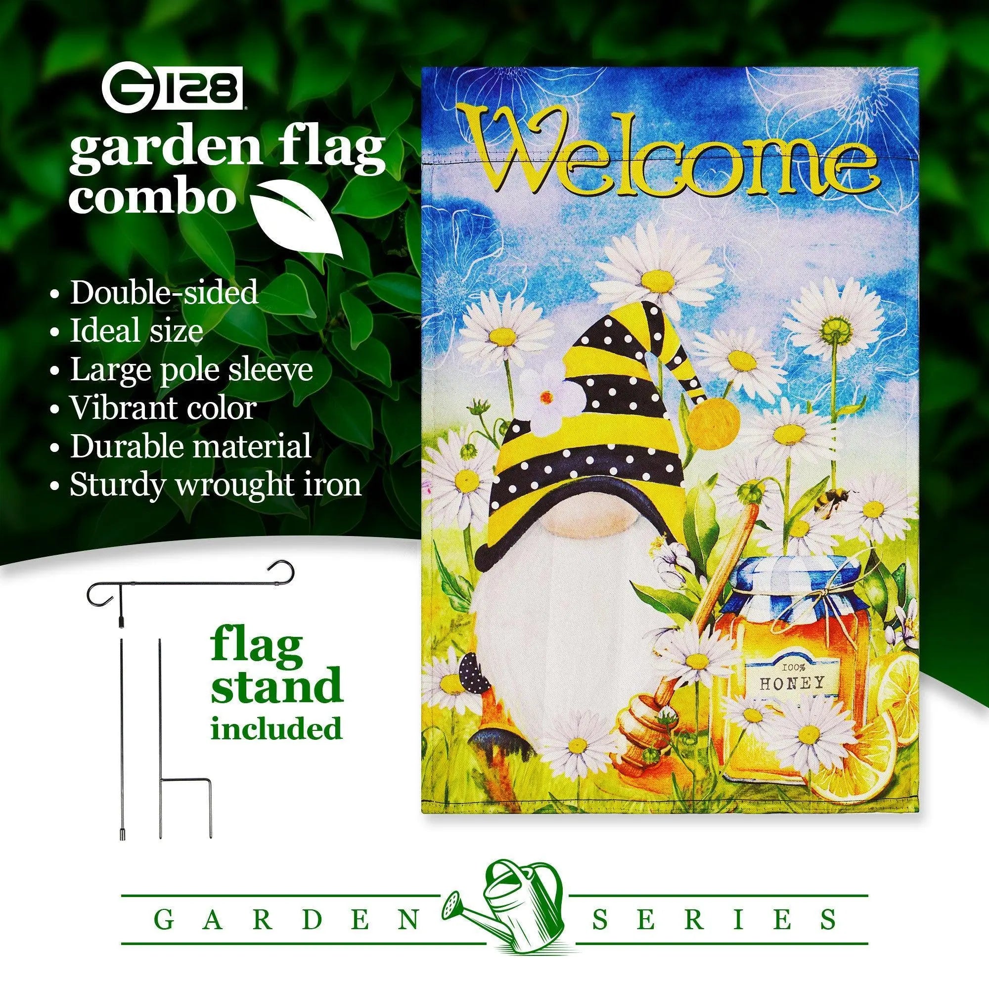 G128 Combo Pack: Garden Flag Stand Black 36 in x 16 in & Garden Flag Spring Decoration Welcome Bee Gnome with Honey 12"x18" Double-Sided Blockout Fabric G128