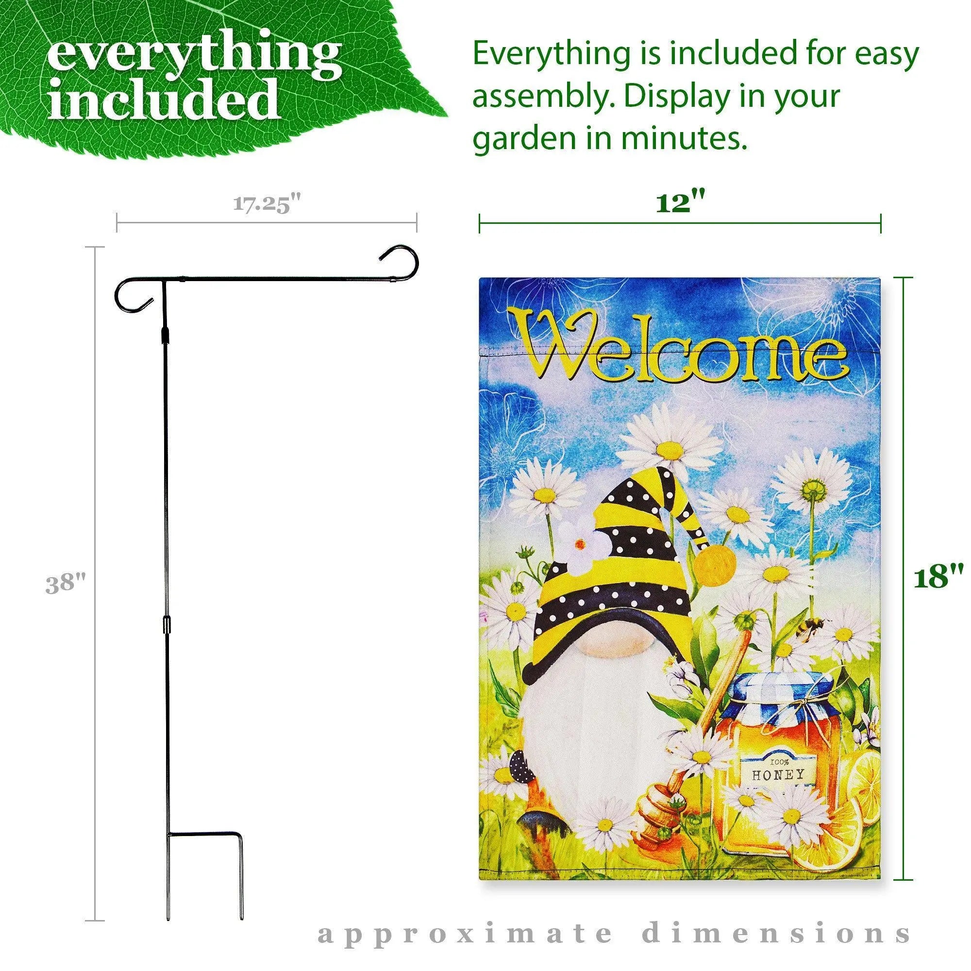 G128 Combo Pack: Garden Flag Stand Black 36 in x 16 in & Garden Flag Spring Decoration Welcome Bee Gnome with Honey 12"x18" Double-Sided Blockout Fabric G128