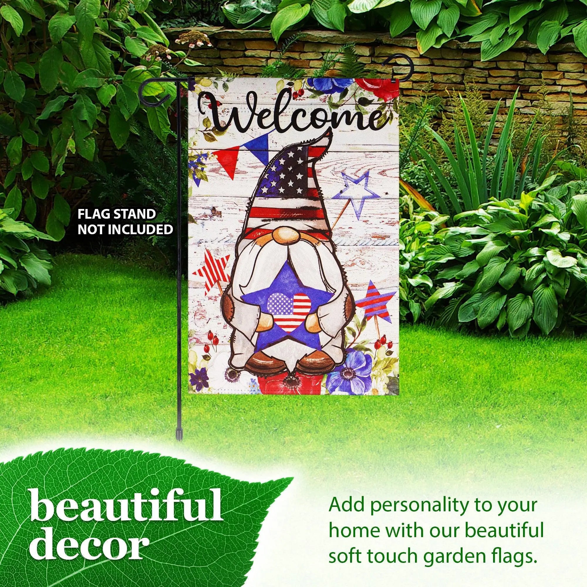 G128 Garden Flag Welcome Patriotic Gnome with Star | 12x18 Inch | Printed Blockout Polyester - Patriotic Decoration G128