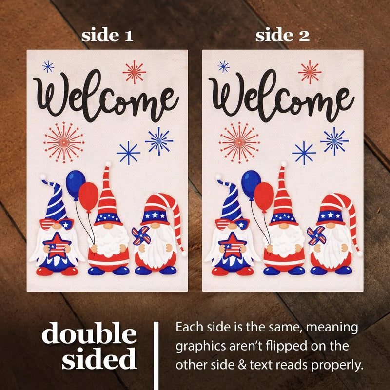 G128 Garden Flag Welcome Three Gnomes Celebrating 4th of July 12"x18" Burlap Fabric G128