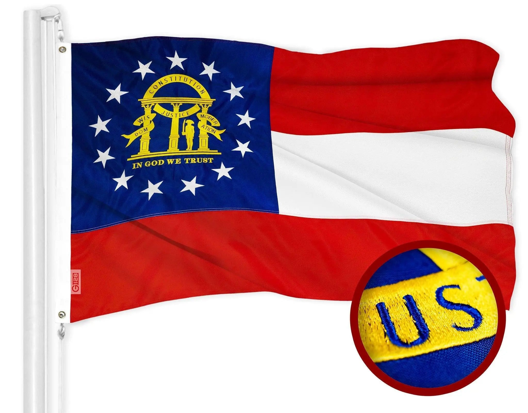 G128 Georgia State Flag | 2x3 Ft | ToughWeave Series Embroidered 300D Polyester | Embroidered Design, Indoor/Outdoor, Brass Grommets G128
