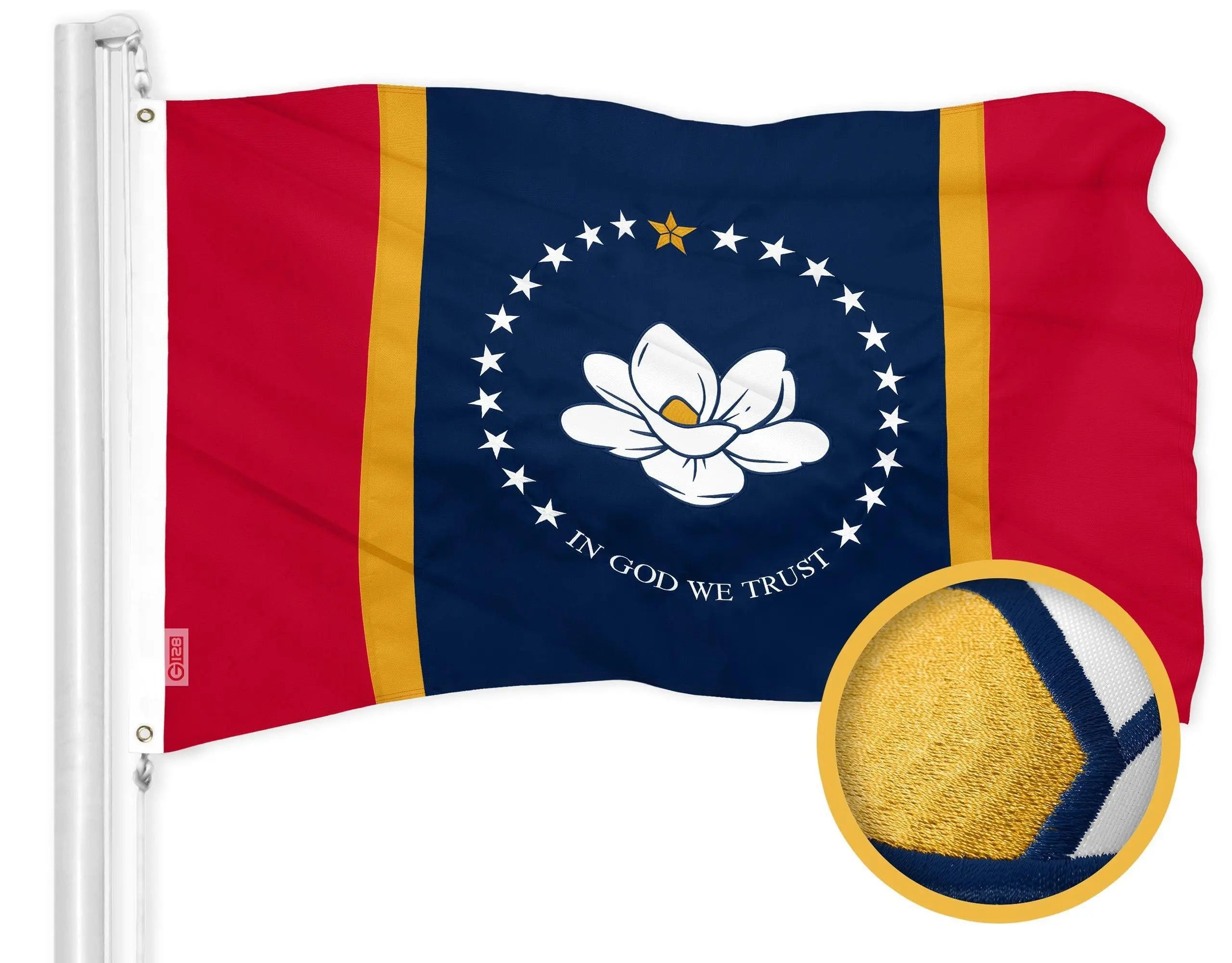 G128 Mississippi 2020 MS State Flag | 3x5 Ft | ToughWeave Series Embroidered 300D Polyester | Embroidered Design, Indoor/Outdoor, Brass Grommets G128