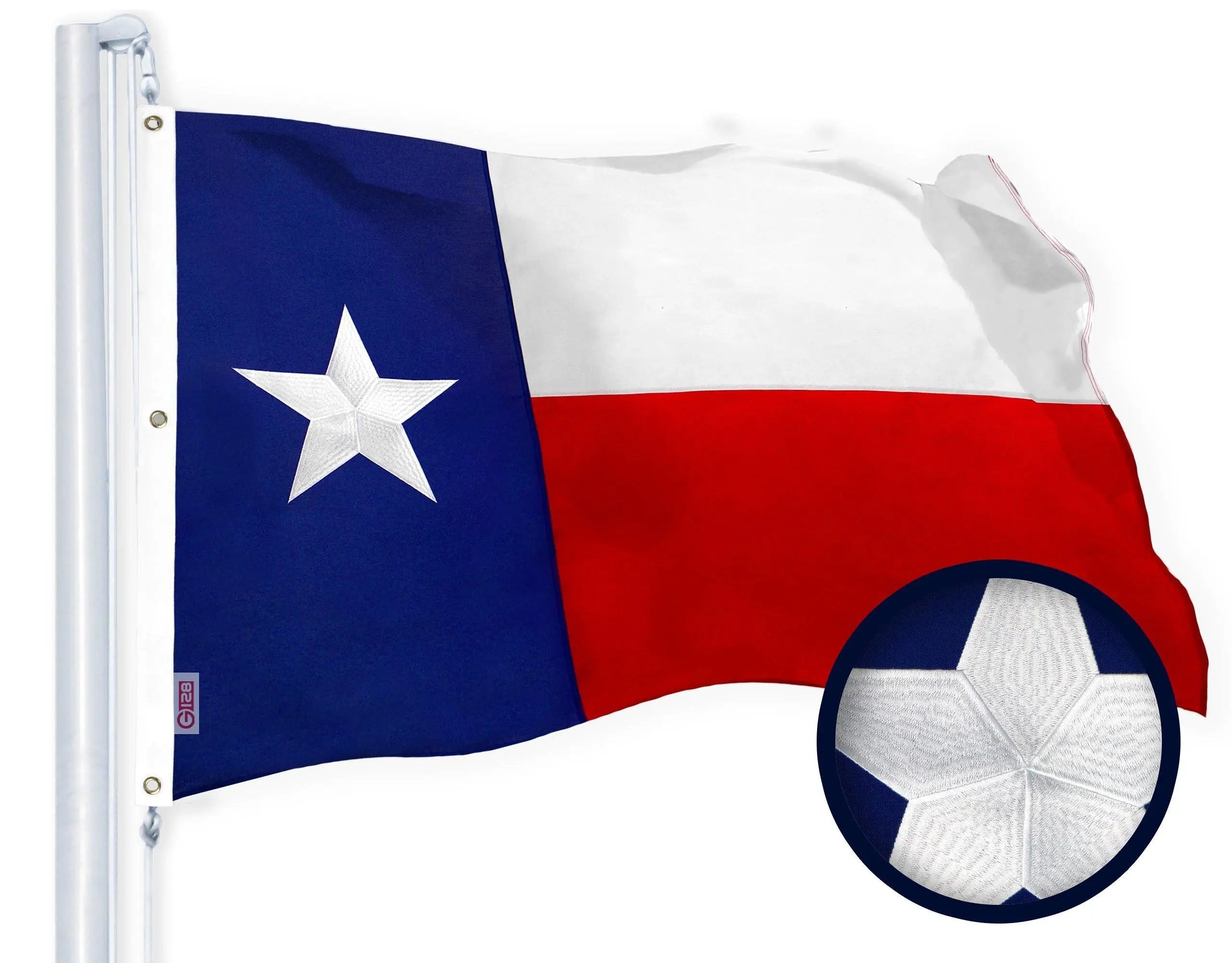 G128 Texas State Flag 6x10 FT 2-Pack Embroidered Stars Sewn Stripes Heavy Duty 220GSM Tough Spun Polyester Quality with Brass Grommets G128