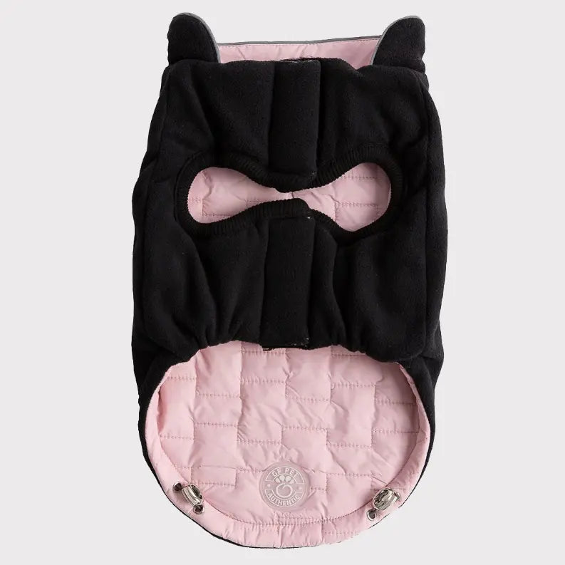 Black fleece batman-themed pet hoodie with a pink quilted lining, designed for comfort and style.