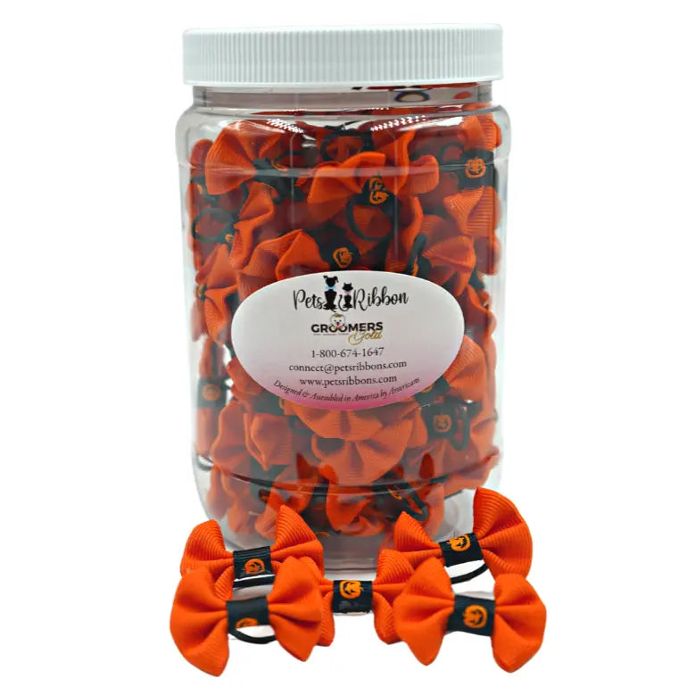 GG109P | 50-100 Halloween Pumpkin Trim Dog Cat Pet Bows in a Jar 1"|Pets Ribbons Pets Ribbons
