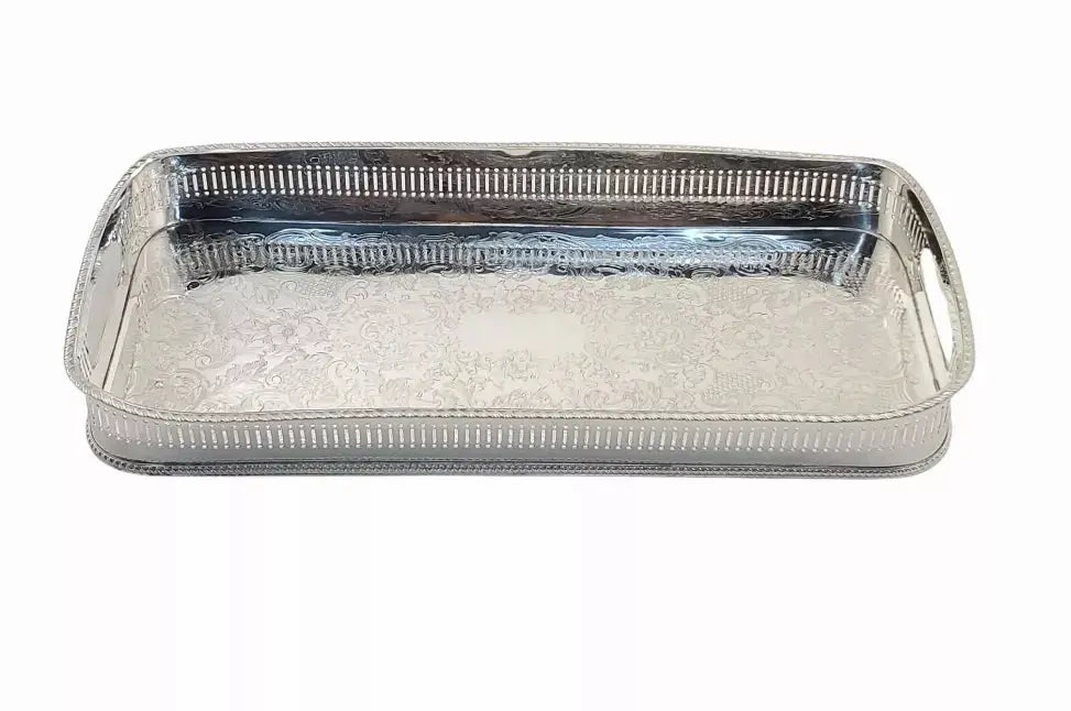 Gallery Tray Bar Pierced with Gadroon Border & Bun Feet 17" x 8" x 2 English Silver Plate Corbell Silver