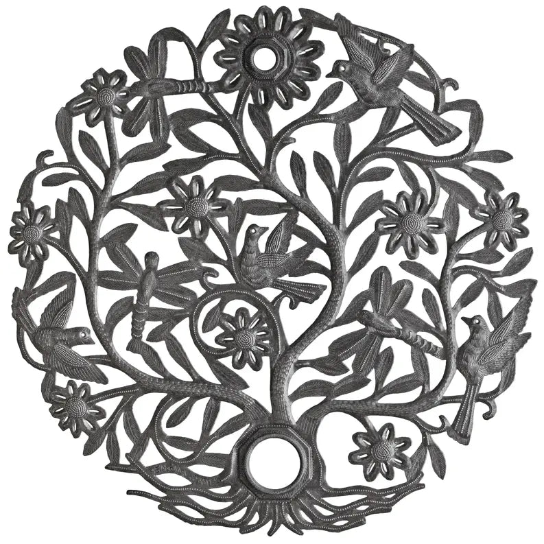 Black metal tree of life wall art featuring birds and flowers, intricately designed for a modern decor style.