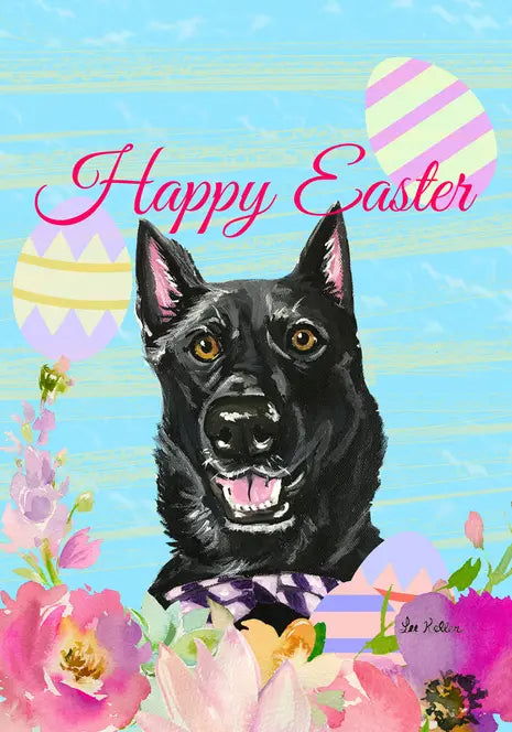 Black dog Easter card with colorful eggs and floral accents on a light blue background. Perfect for spring greetings.