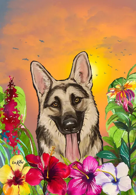 German Shepherd - Hippie Hound Studios Tropical Summer  House and Garden Flags Best of Breed