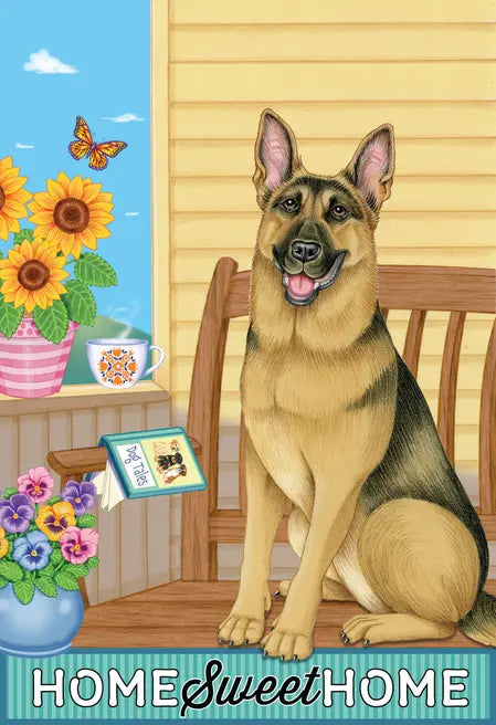 German Shepherd on porch with sunflowers and colorful flowers, featuring "Home Sweet Home" text. Bright, vibrant illustration.