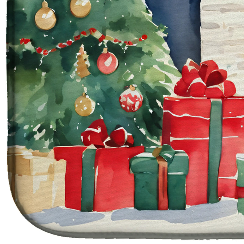 Colorful watercolor holiday gifts in red and green with decorative ornaments by a festive Christmas tree.