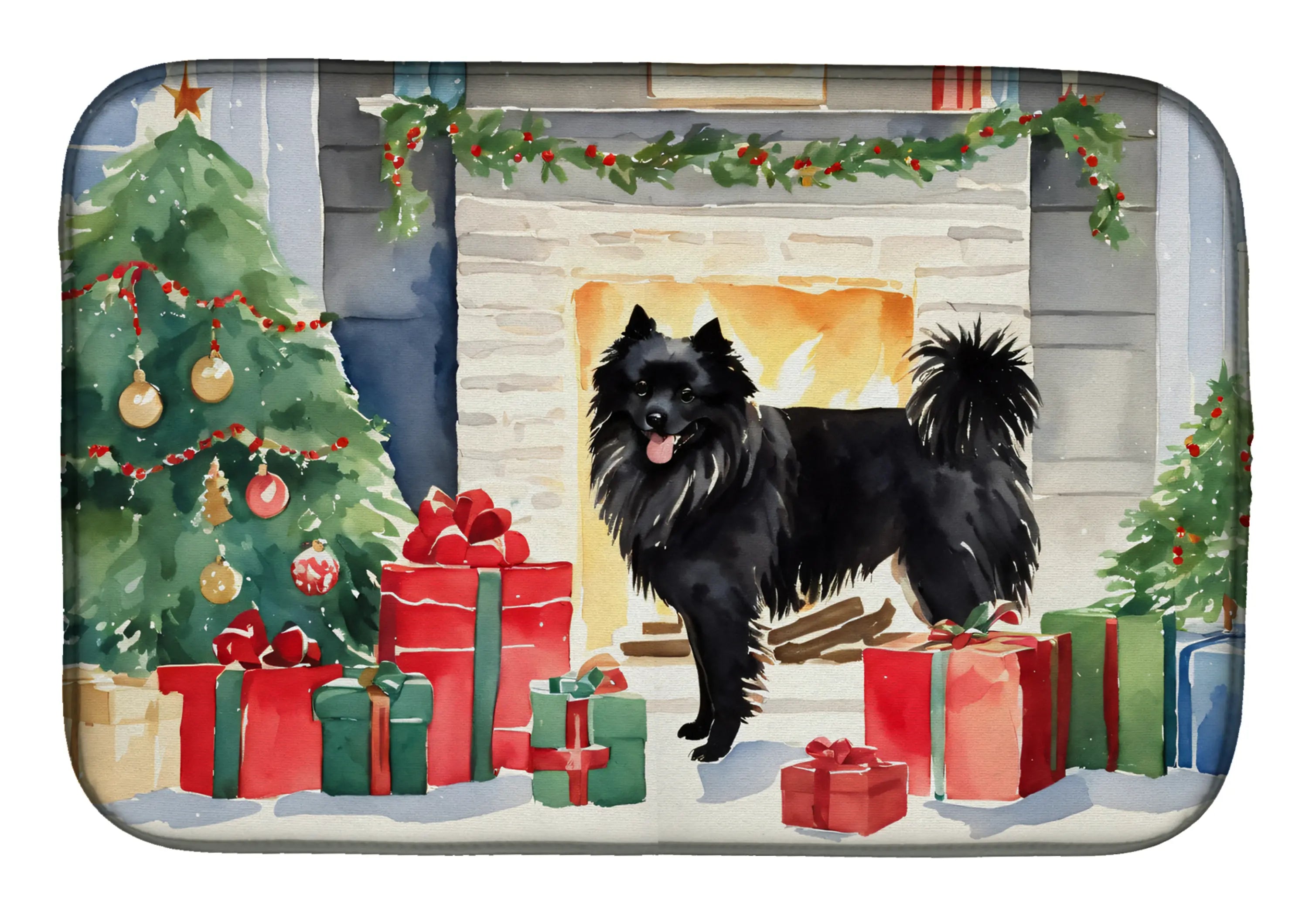 Black fluffy dog standing by a cozy fireplace, surrounded by Christmas trees and colorful gift boxes. Watercolor style.