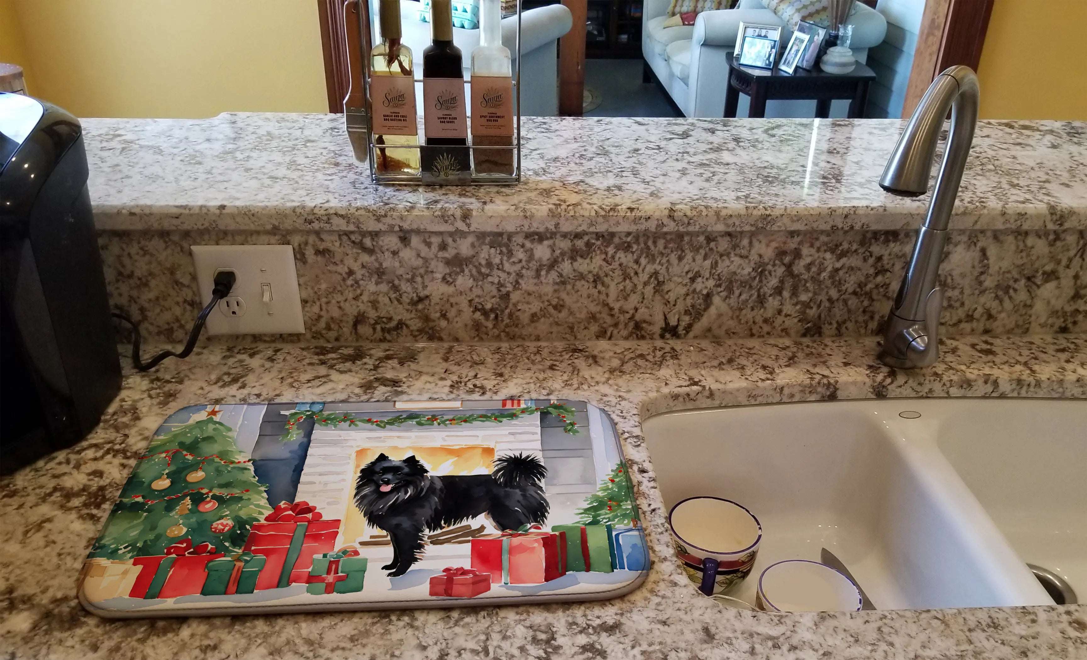 Festive Christmas dog-themed kitchen mat, featuring a black Pomeranian, colorful gifts, and a cozy fireplace design.
