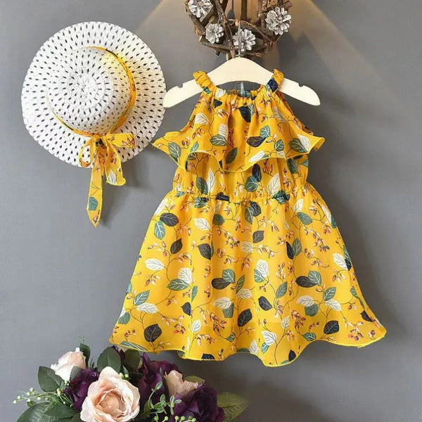 Girls 2 Piece Sweet Girl Floral Print Ruffle Design Dress With Hat Izlahs Bee Hive