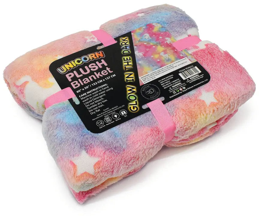Soft pastel unicorn plush blanket, glowing in the dark, 60" x 80", tied with pink ribbon for a cozy touch.