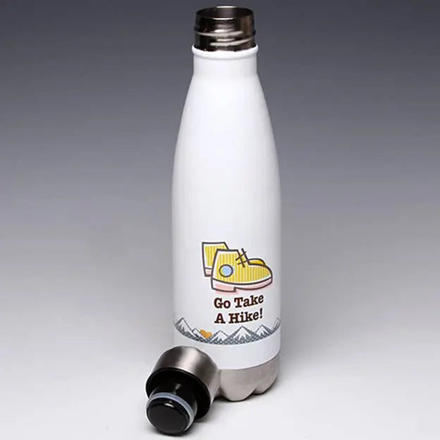 White stainless steel water bottle with "Go Take A Hike!" design and a black screw-on lid. Ideal for outdoor adventures.