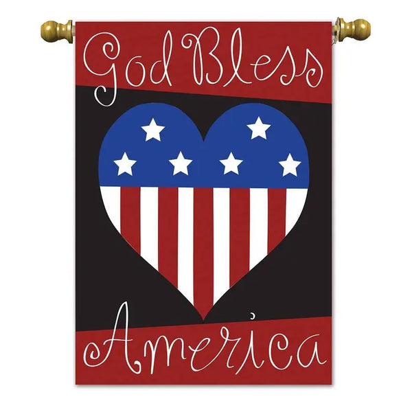 Red, white, and blue "God Bless America" heart flag banner, featuring stars and stripes design, perfect for patriotic decor.