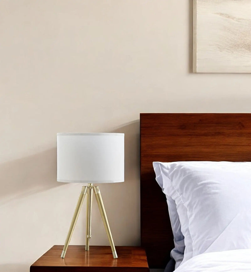 Gold Metal Adjustable Height Tripod Table Lamp With White Drum Shade Homeroots Lighting