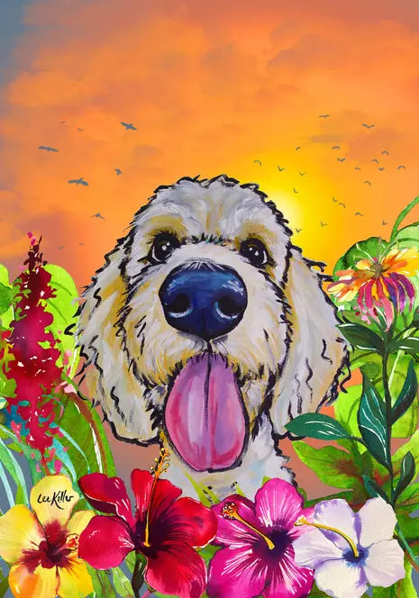 Goldendoodle  - Hippie Hound Studios Tropical Summer  House and Garden Flags Best of Breed