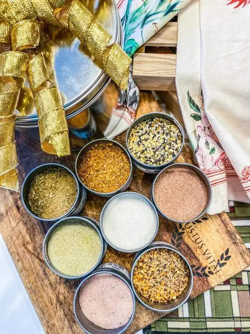 Gourmet Pantry Essentials Gift Pack | 8 Gourmet Seasonings & Salts In A Handsome Gift Tin Gustus Vitae