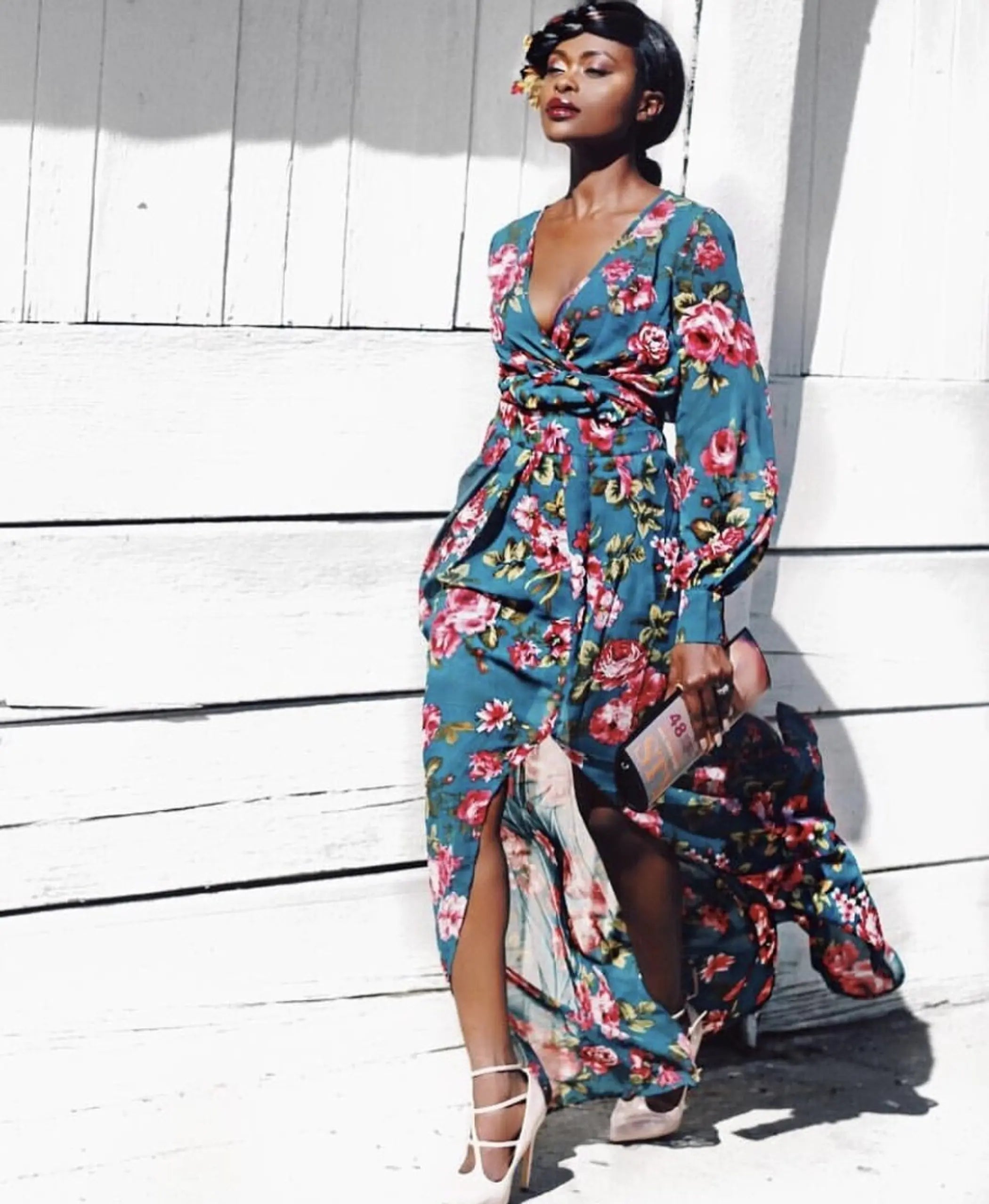 Grace Two Piece Green Floral Maxi Set with a Side Slit SurelyMine