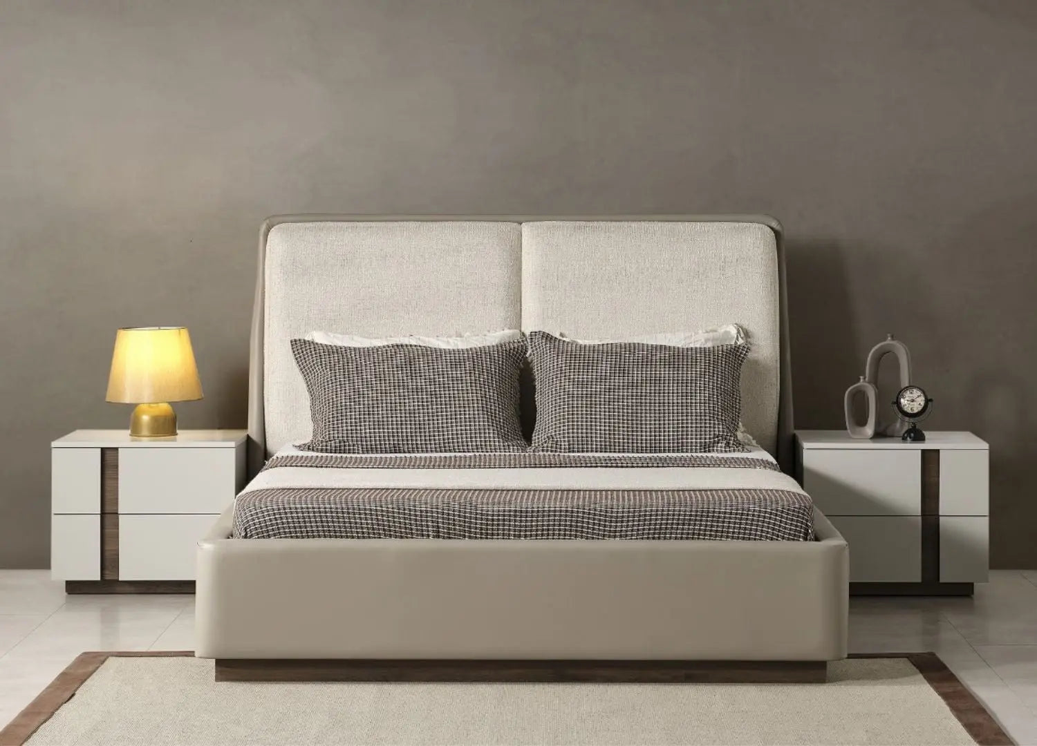 Gray And Cream Faux Leather Upholstered King Bed Frame Homeroots Bed & Bath