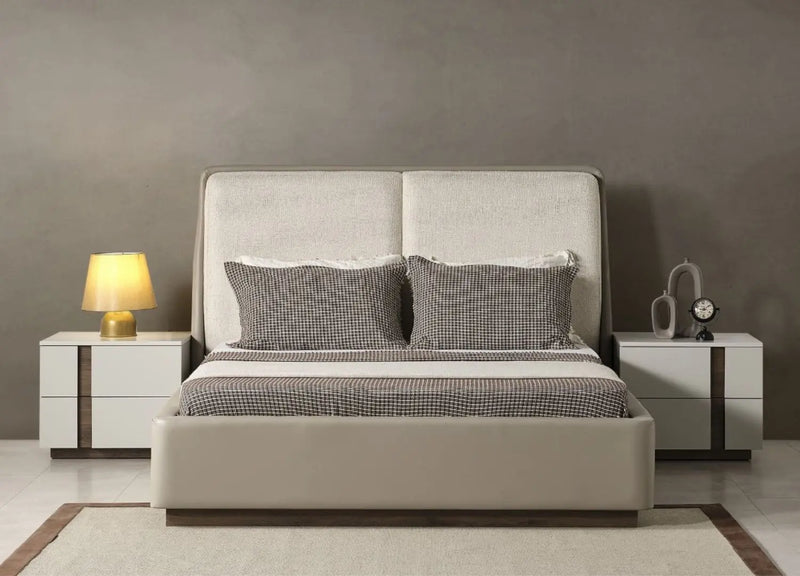 Gray And Cream Faux Leather Upholstered King Bed Frame Homeroots Bed & Bath