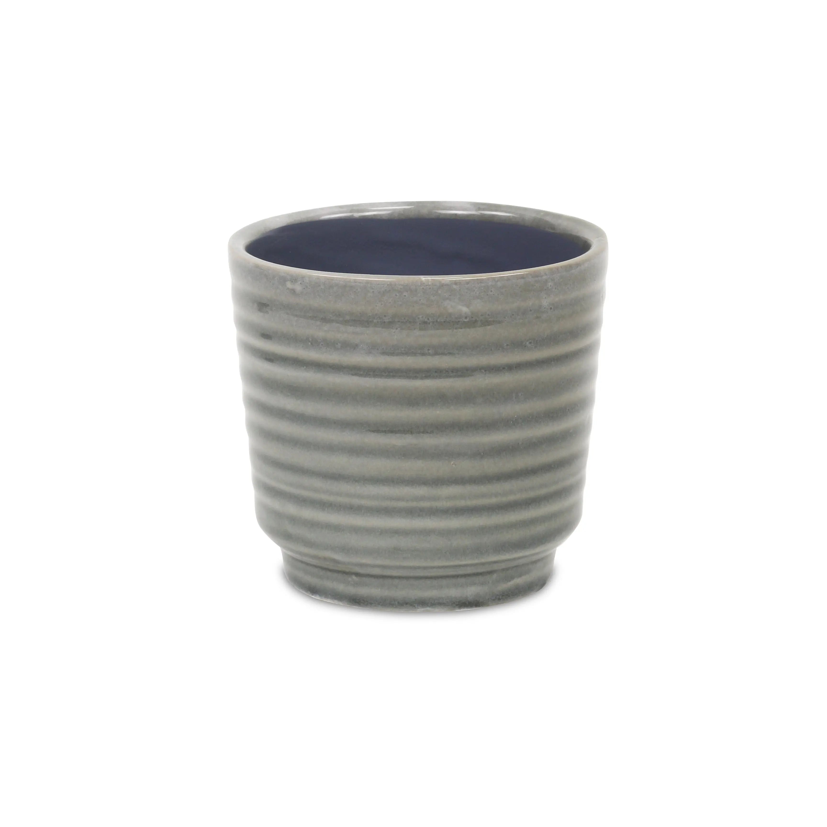 Gray Ceramic 23 Ounce Striped Round Distressed Pot Planter GreatEagleInc