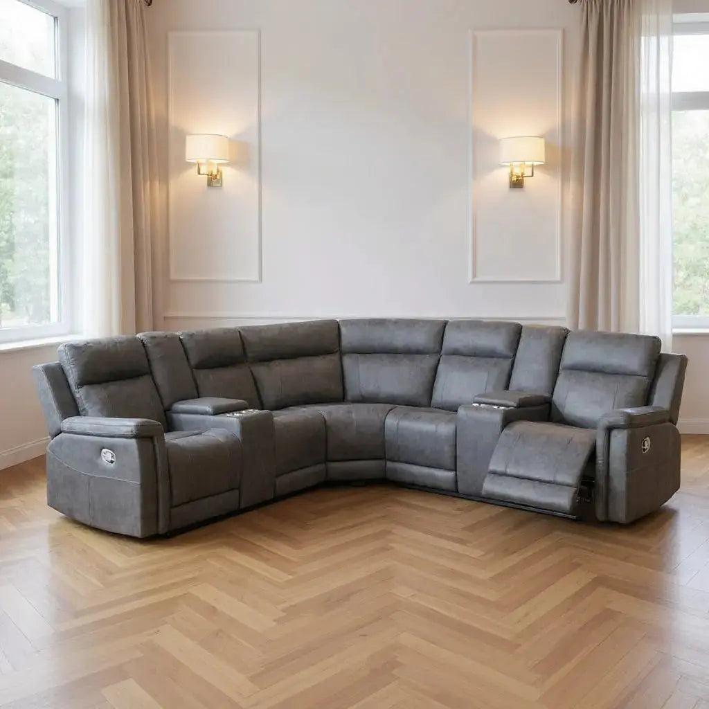 Gray Faux Leather Reclining Curved Corner Sectional With Console Homeroots Living Room