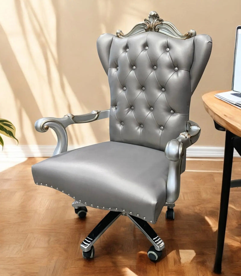 Gray Faux Leather Tufted Seat Swivel Adjustable Executive Chair Leather Back - GreatEagleInc