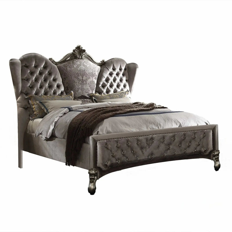 Gray Queen Tufted Upholstered Velvet Bed Frame with Nailhead Trim Homeroots Bed & Bath