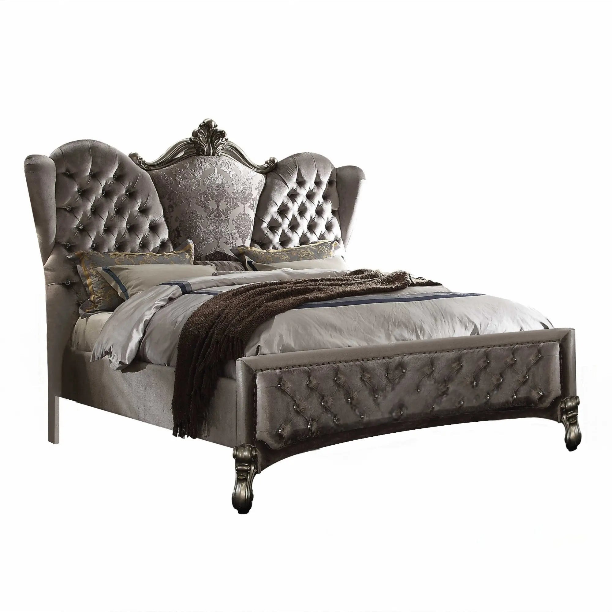 Gray Queen Tufted Upholstered Velvet Bed Frame with Nailhead Trim Homeroots Bed & Bath